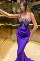 Beautiful Long Purple Mermaid Sleeveless Glittery Prom Dress