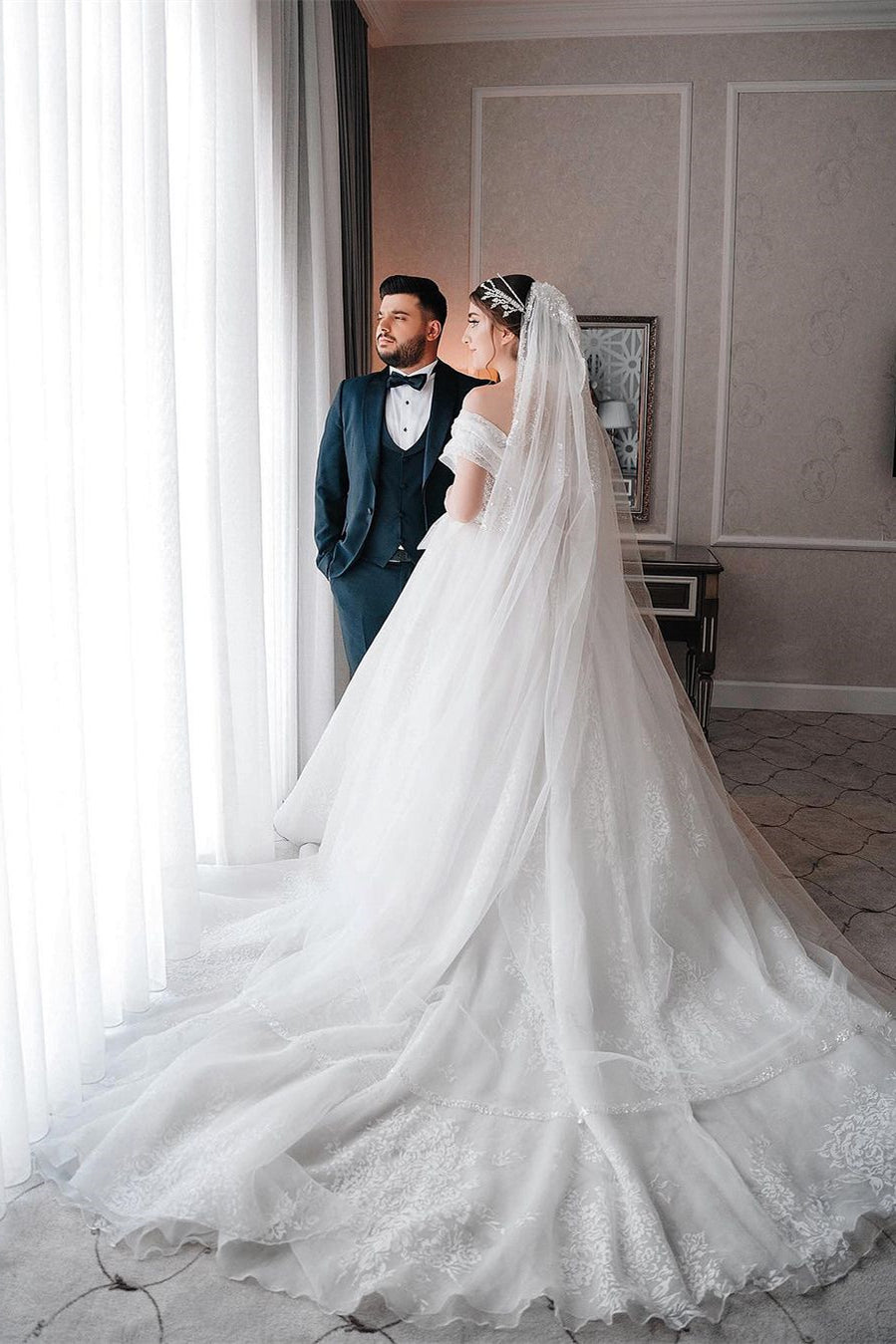 Beautiful Long White A-line Off-the-shoulder Sleeveless Wedding Dress With Lace Detailing