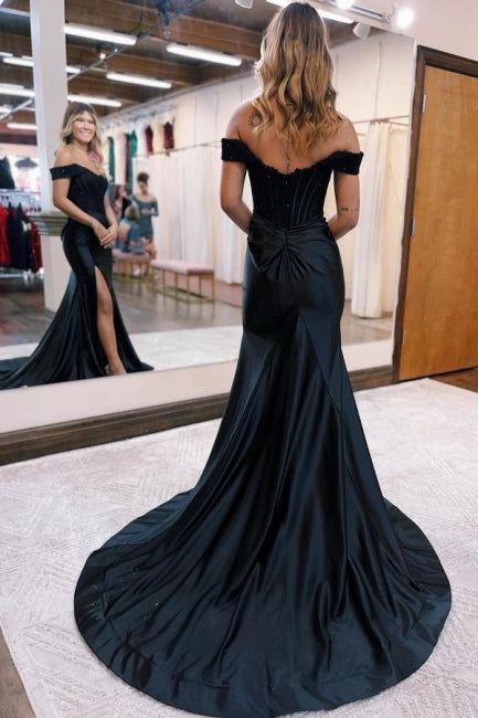 Mermaid Black Off the shoulder high split prom dress