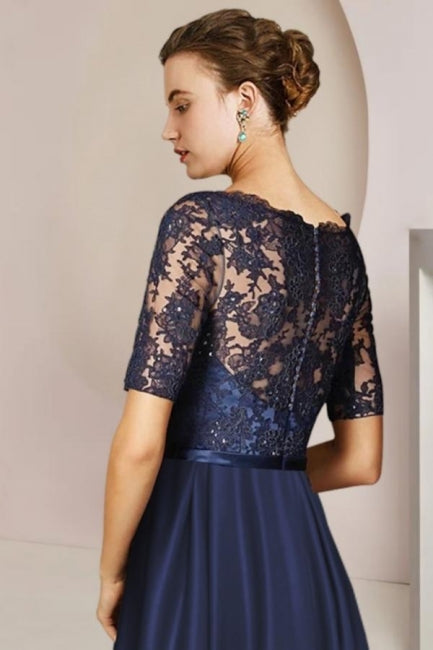 Stylish Blue Short A-line Lacy Dress with Sleeves for the Mother of the Bride