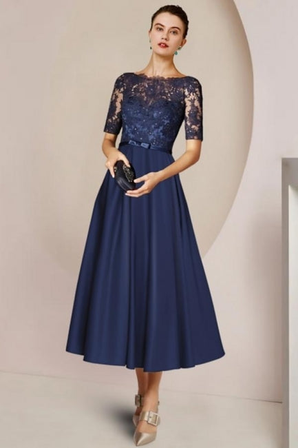 Stylish Blue Short A-line Lacy Dress with Sleeves for the Mother of the Bride