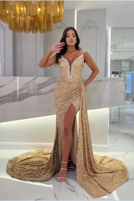 Luxury Champagne Sweetheart Split From Satin Evening Dress with Ruffles