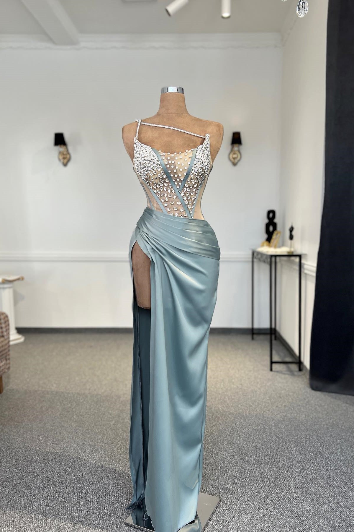 Charming Column One Shoulder Sleeveless Rhinestone Tulle Satin Split Front Evening Gown