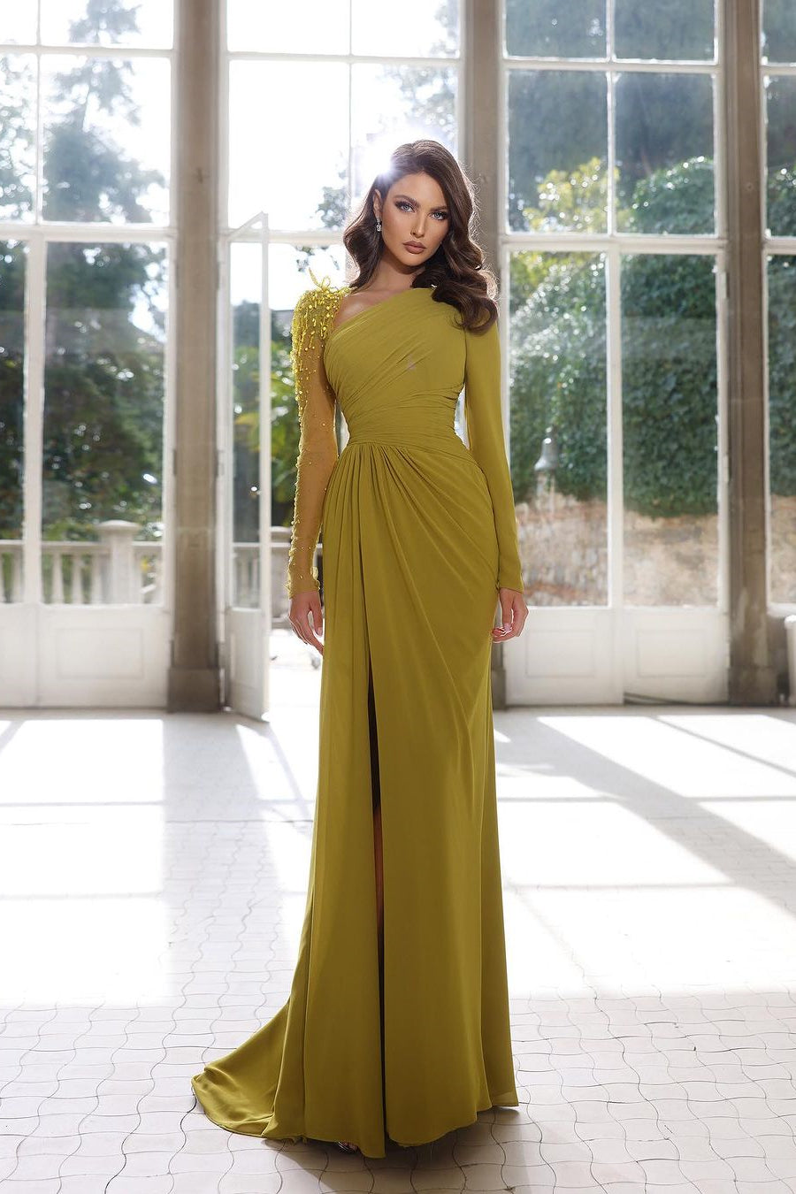 Charming Long A-line Dress with Long Sleeves Beading and Slit for Prom