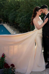 Charming Long Mermaid Strapless Sequined Wedding Gown with Dazzling Pearls