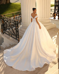 Enchanting Long White Off-the-shoulder A-line Sequined Bridal Dress with Pearl Details