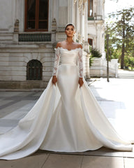 Charming Long White Off-the-shoulder Mermaid Lace Wedding Dress With Detachable Train