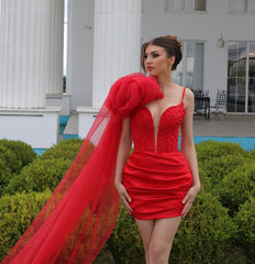 Adorable Short Column V-Neck Sleeveless Flowy Satin Red Prom Dress