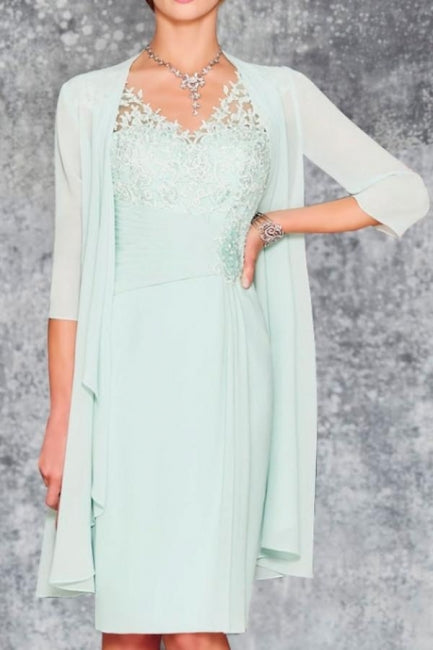 Charming Short Mint Chiffon Lace Mother of the Bride Dress with Matching Jacket