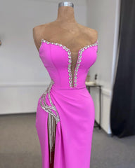 Designer Column Strapless Sleeveless Rhinestone Tulle Satin Split Front Evening Dress