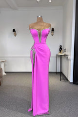 Designer Column Strapless Sleeveless Rhinestone Tulle Satin Split Front Evening Dress