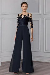 Designer Chiffon Festive Trouser Suits with Delicate Lace Sleeves and Detachable Train for Mother of the Bride