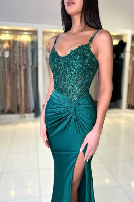 Designer Long Deep Green Mermaid Sleeveless Elegant Lace Prom Gown with Slit