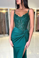 Designer Long Deep Green Mermaid Sleeveless Elegant Lace Prom Gown with Slit