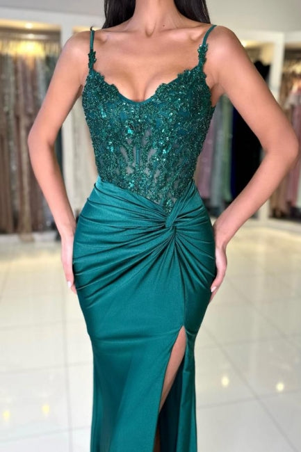 Designer Long Deep Green Mermaid Sleeveless Elegant Lace Prom Gown with Slit