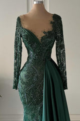 Designer Long Dark Green V-neck Lacy Mermaid Prom Dress with Graceful Long Sleeves