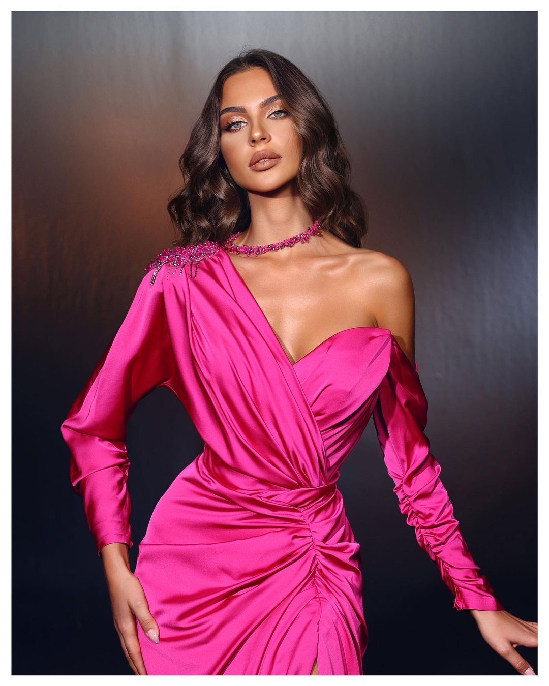 Designer Long Fuchsia One-Shoulder Beaded Evening Dress with Long Sleeves and Slit