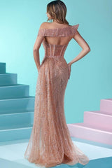 Designer Long Mermaid Spaghetti Strap Beaded Sequined Prom Dress with Dramatic Slit