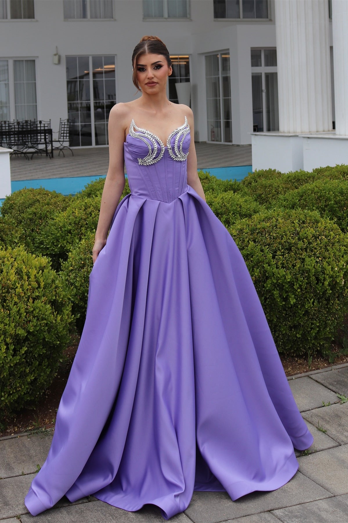 Elegant A-line Sweetheart Sleeveless Ruffled Satin Purple Evening Dress