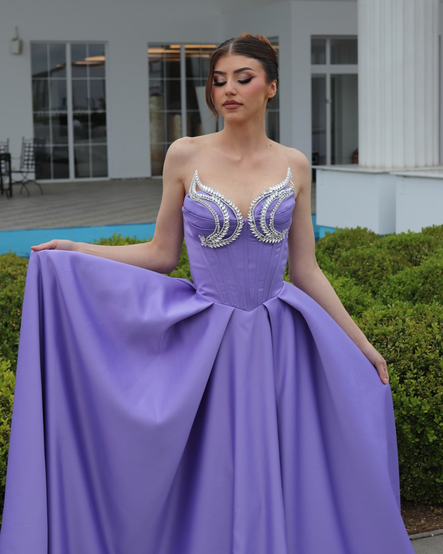 Elegant A-line Sweetheart Sleeveless Ruffled Satin Purple Evening Dress