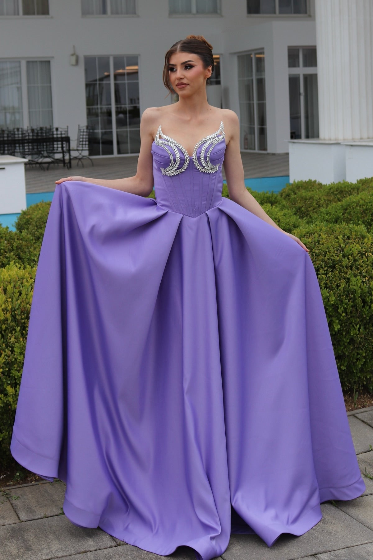 Elegant A-line Sweetheart Sleeveless Ruffled Satin Purple Evening Dress