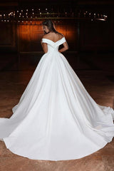 Elegant Long A-line Off-the-Shoulder V-neck Satin Wedding Dress with Chic Design