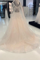 Elegant Long A-line V-neck Tulle Sleeveless Wedding Dress with Lace Embellishments