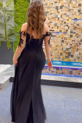 Elegant Long Black Mermaid Chiffon Lace Beaded Long Sleeves Prom Gown with Dramatic Slit