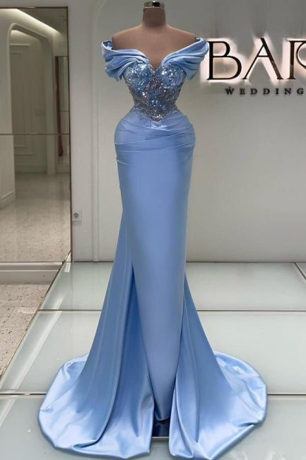 Elegant Long Blue Mermaid Off-the-shoulder Lace Beaded Sleeveless Prom Gown