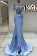 Elegant Long Blue Mermaid Off-the-shoulder Lace Beaded Sleeveless Prom Gown