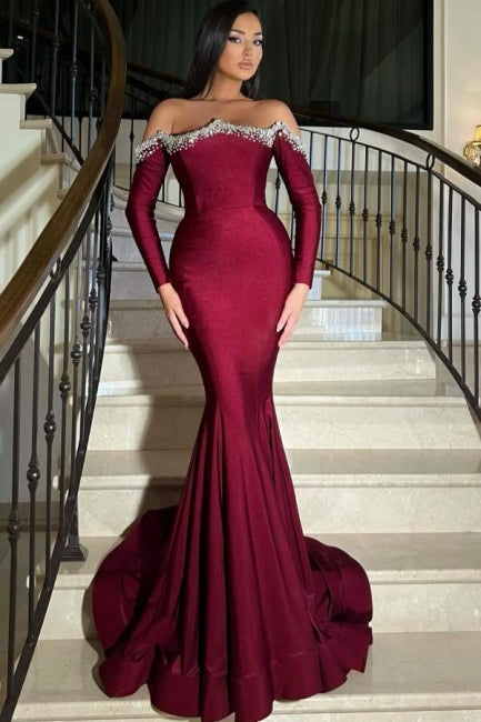 Elegant Long Burgundy Mermaid Rhinestone Prom Dress with Long Sleeves