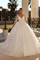 Graceful Long Ivory V-neck Ball Gown with Lace and Long Sleeves for Wedding