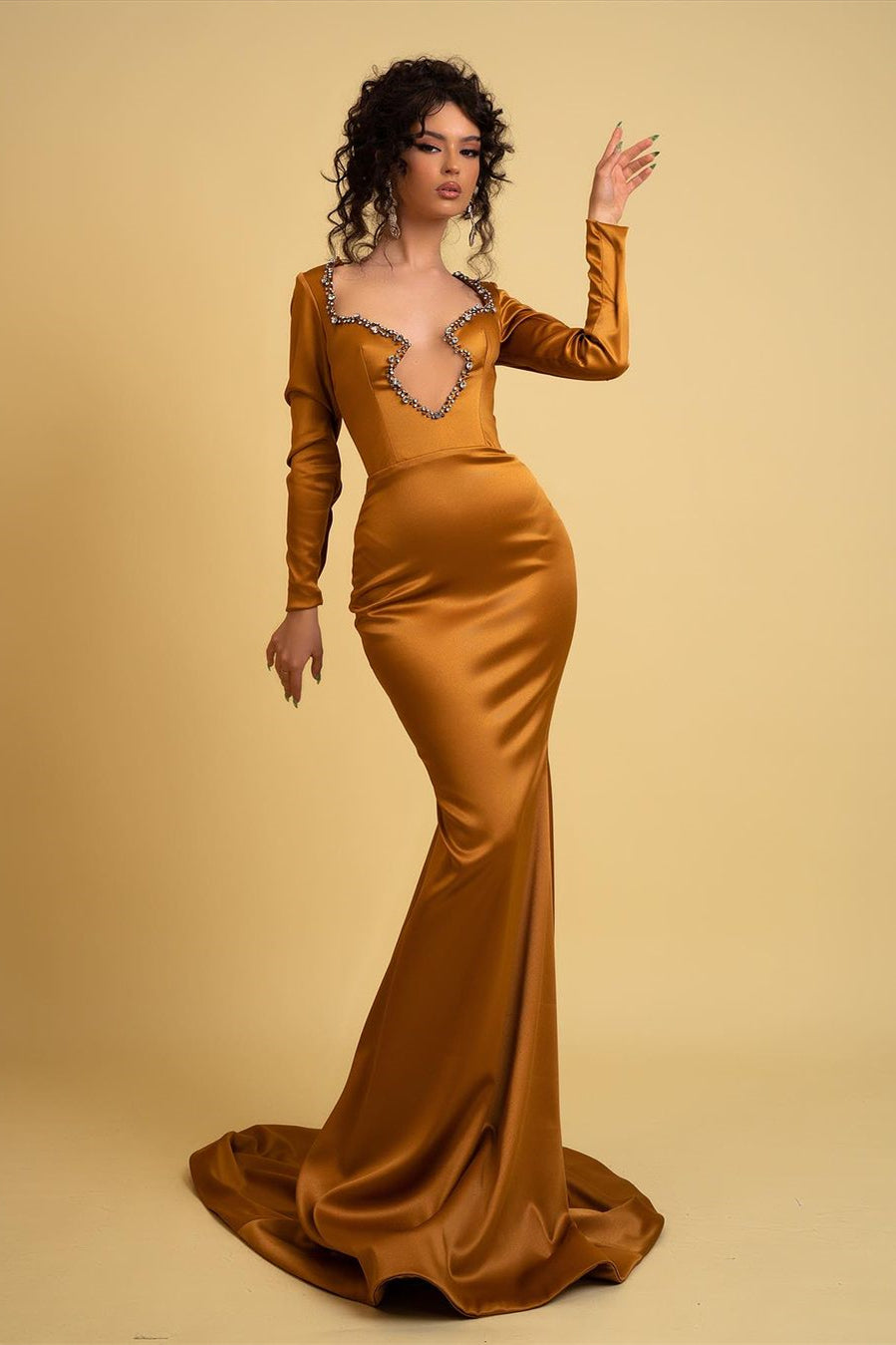 Elegant Long Mermaid Dress With Irregular Neckline Satin Fabric And Rhinestones Accents And Long Sleeves