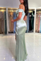 Sophisticated Long Mermaid Simple Spaghetti Straps Off-the-shoulder Satin Prom Gown with Elegant Slit