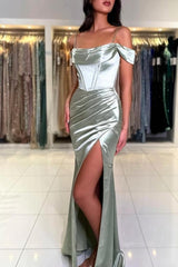 Sophisticated Long Mermaid Simple Spaghetti Straps Off-the-shoulder Satin Prom Gown with Elegant Slit