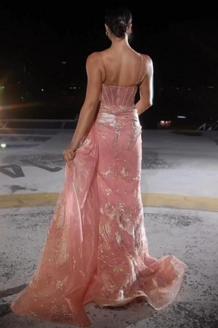 Glamorous Long Blush Spaghetti Straps Alluring Lace Prom Gown with Slit