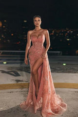 Glamorous Long Blush Spaghetti Straps Alluring Lace Prom Gown with Slit