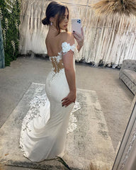 Elegant Long White Mermaid Off-the-shoulder Appliqué Wedding Gown With Train