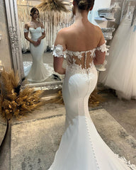 Elegant Long White Mermaid Off-the-shoulder Appliqué Wedding Gown With Train