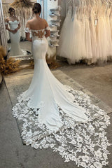 Elegant Long White Mermaid Off-the-shoulder Appliqué Wedding Gown With Train