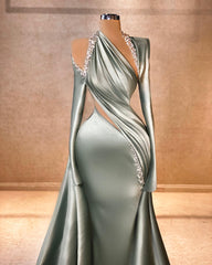 Charming Mermaid Long Sleeve Halter Ruffled Satin Prom Dress