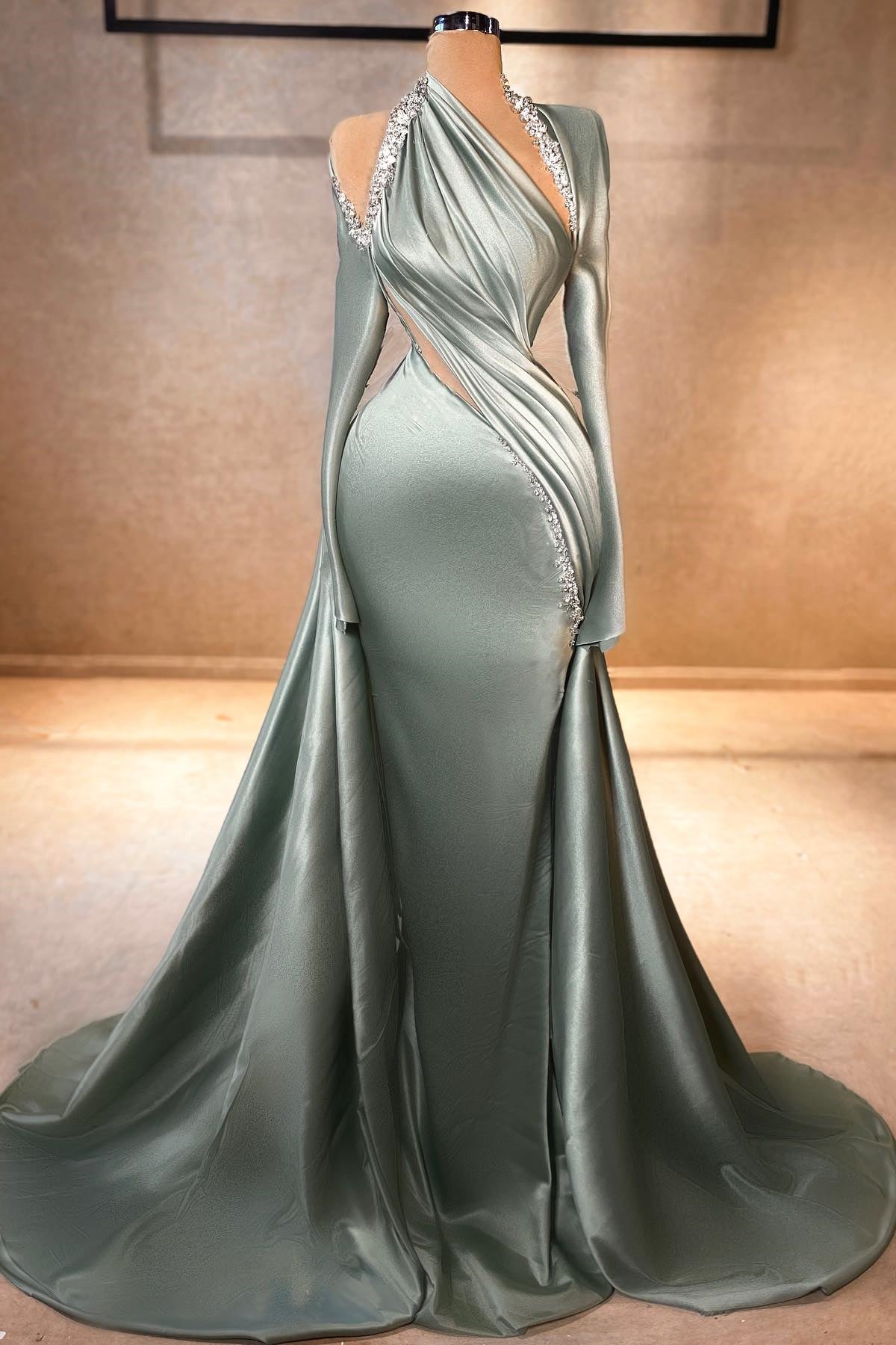 Charming Mermaid Long Sleeve Halter Ruffled Satin Prom Dress