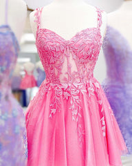 Elegant Short Pink Strap Lace Sleeveless Glitter Dress for Homecoming