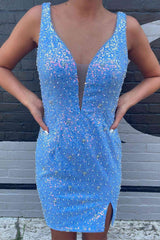 Yolande Sheath Sky Blue Sequined Homecoming Dress