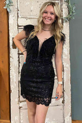 Tina Sheath V-Neck Feathered Sequined Homecoming Dress