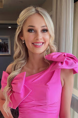 Noelle Hot Pink One-Shoulder Sheath Homecoming Dress with Bows