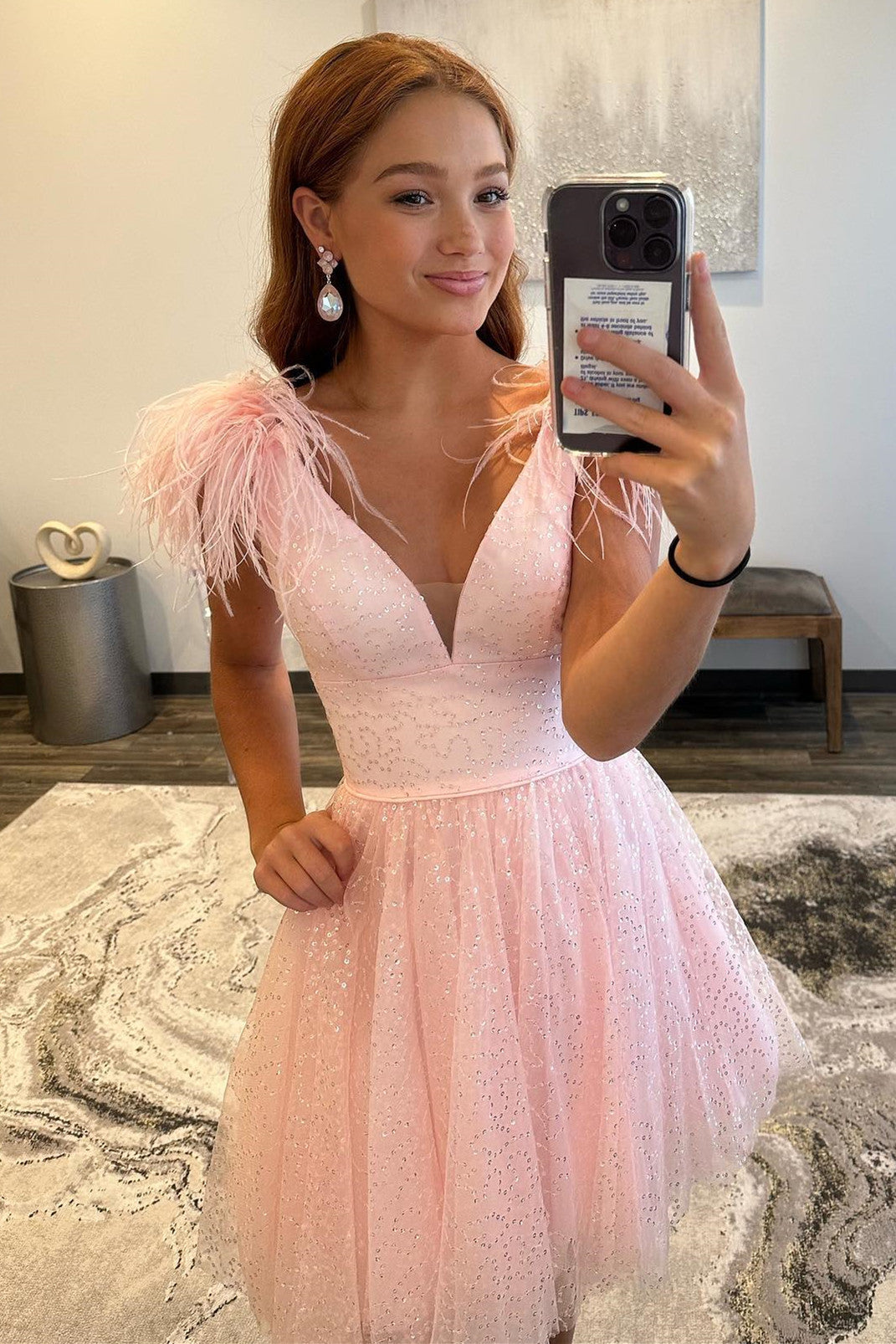 Catherine A-Line Deep V-Neck Tulle Homecoming Dress with Feathers