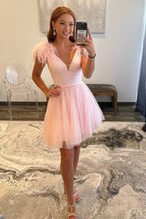 Catherine A-Line Deep V-Neck Tulle Homecoming Dress with Feathers