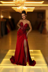 Fabulous Long Burgundy V-neck Lace Satin Evening Gown with Slit