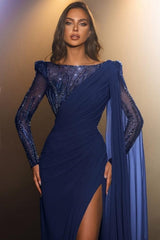 Fabulous Long Royal Blue Mermaid Chiffon Lace Split Prom Gown with Elegant Long Sleeves